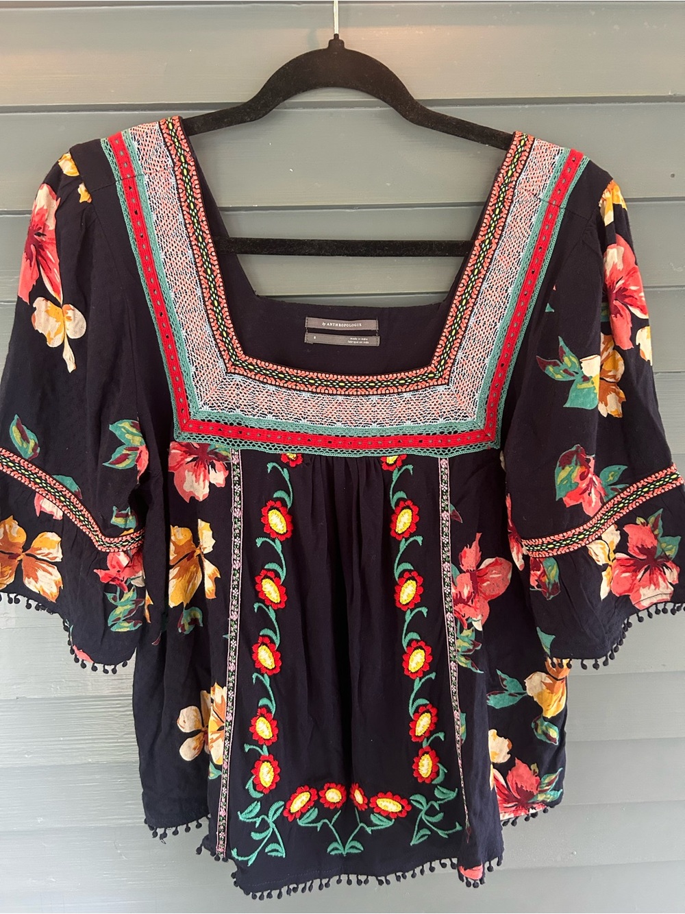 Anthropologie Embroidered Floral Square-Neck Peasant Top - Navy